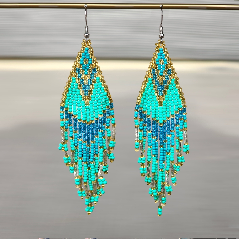 BRIE TRIBAL EARRINGS RICE BEADS DANGLE BOHEMIAN ETHNIC GREEN BLUE HANDMADE - Picture 3 of 3